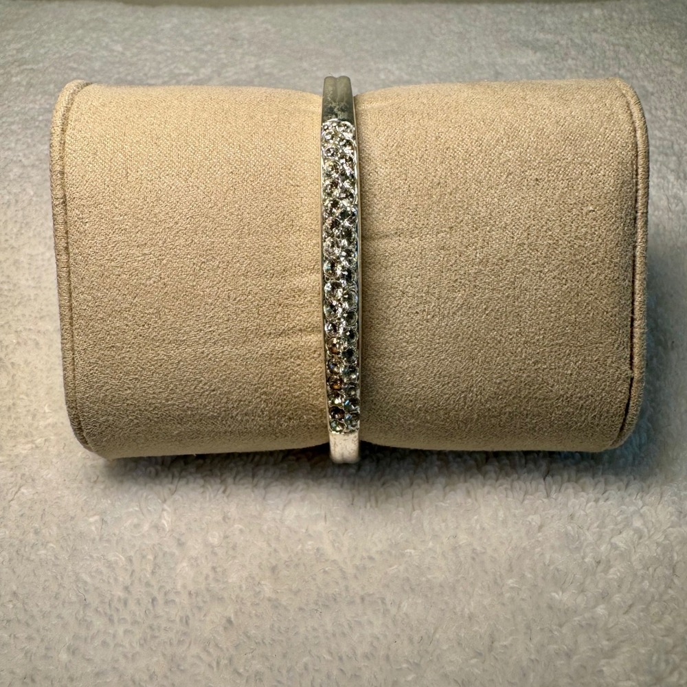 Swarovski Silver Tone Pave Crystal Hinged Bangle Bracelet Swan Logo